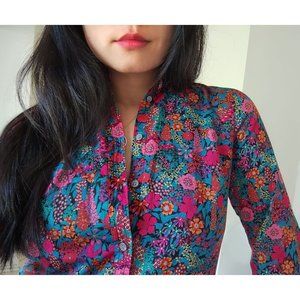J Crew Liberty Ciara Pink Teal Floral Ruffle Neck Button Up Long Sleeve XXS, EUC